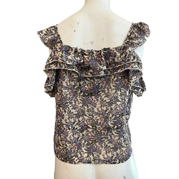Ladies Small Purple Floral Sleeveless Blouse Smocked Ruffled Button Ties NWT - Picture 4 of 6